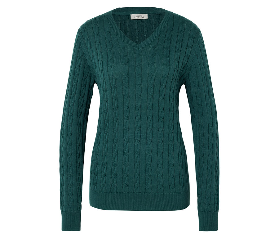Petrol pletený svetr se copánkovým vzorem a výstřihem do V.