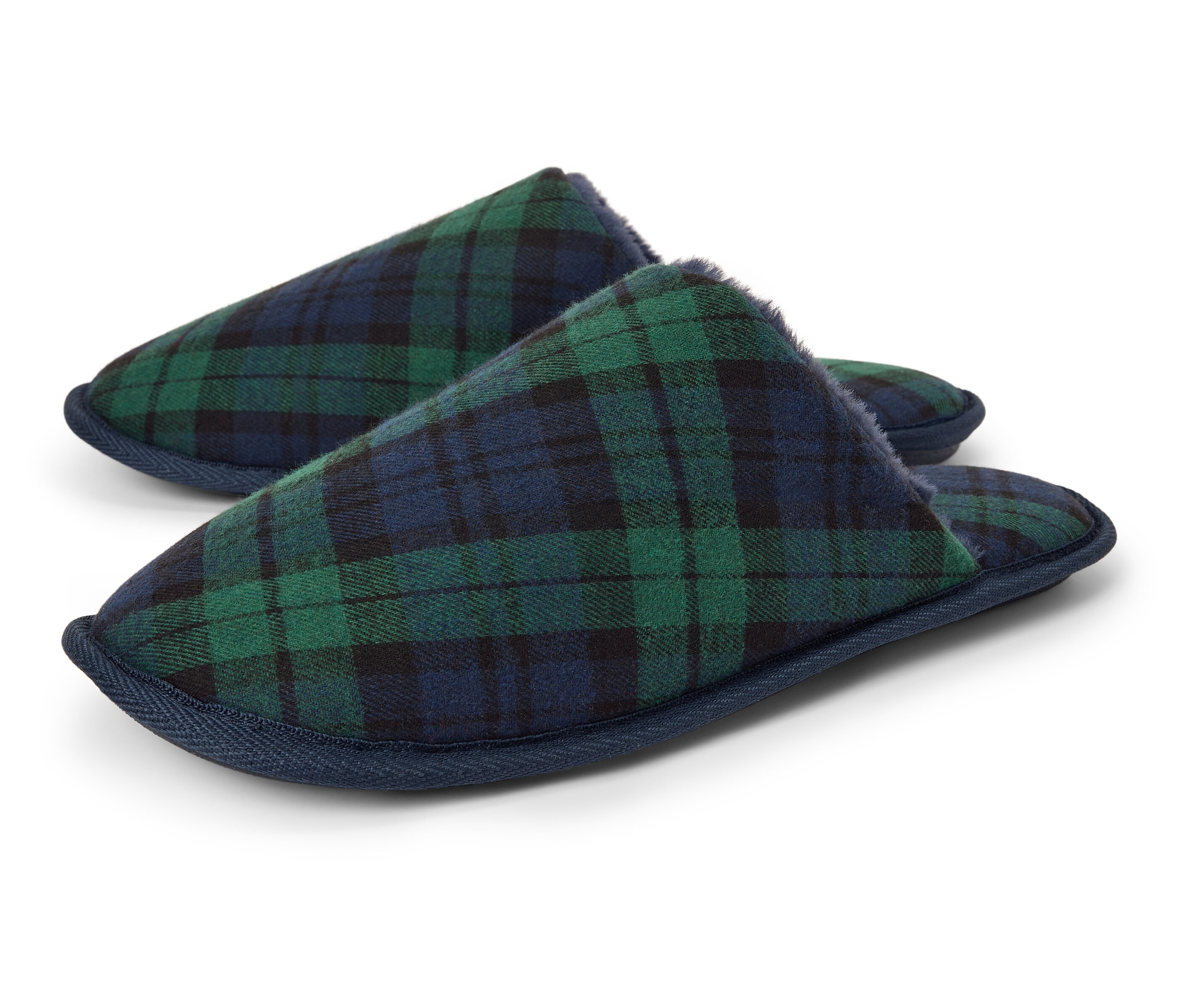 Dva modrozelené kostkované pantofle.