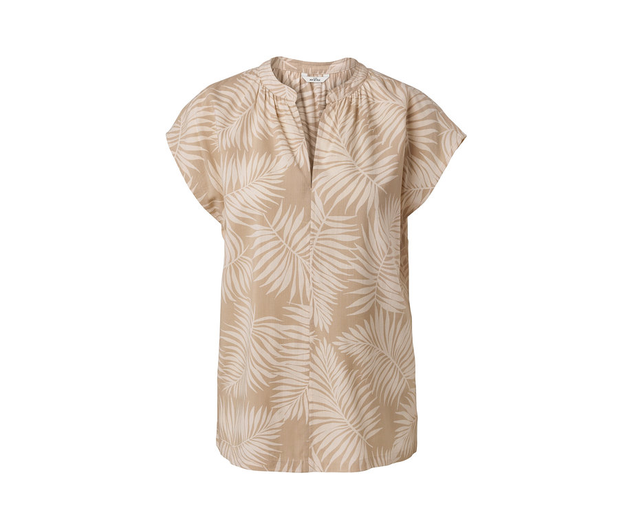 Béžová halenka s krátkým rukávem a potiskem listů.