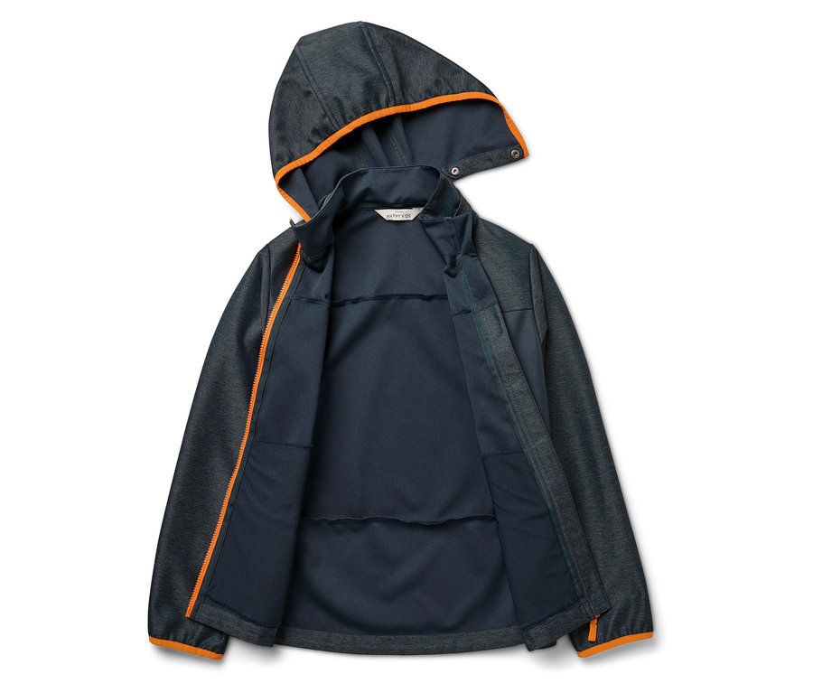 Otevřená softshellová bunda Kinder s kapucí, tmavě šedá s oranžovými zipy a lemy.