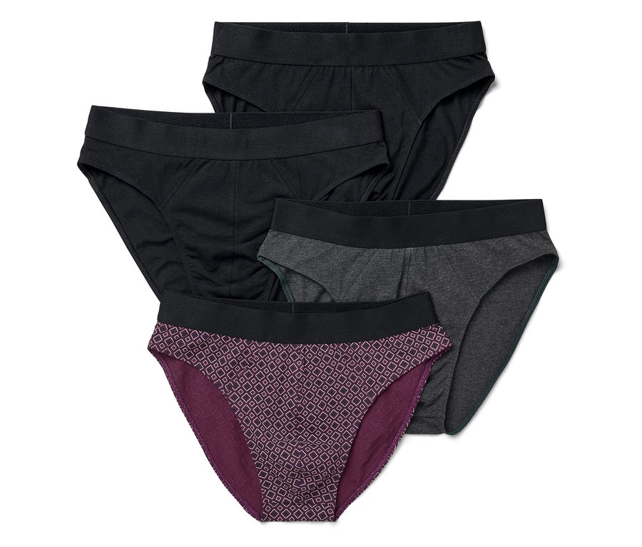 Čtyři slipy: dva černé, jedny šedé a jedny fialové se vzorem.