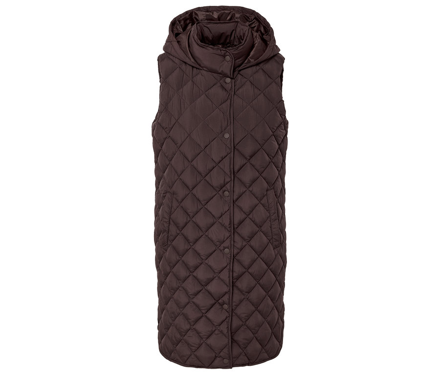 Hnědá prošívaná vesta s kapucí a zapínáním na knoflíky.