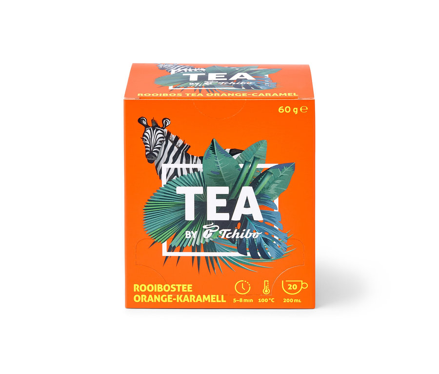 Oranžovo-karamelový čaj Rooibos TEA by Tchibo, balení 8 × 20 sáčků.