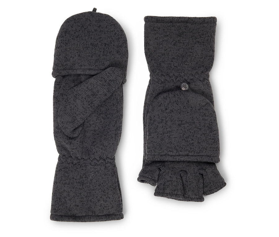 Dvě šedé pletené rukavice bez prstů s překlápěcí horní částí.