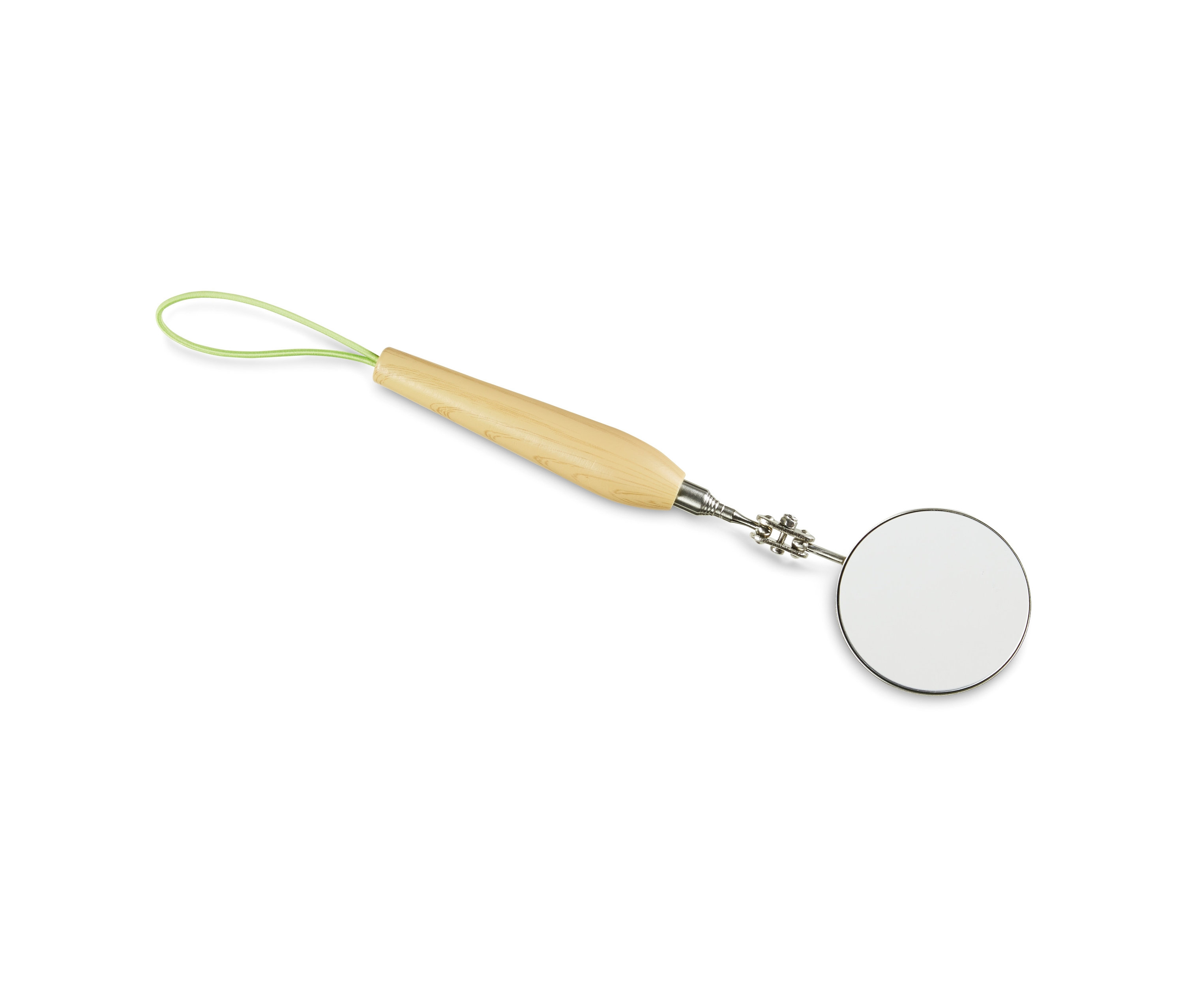 Teleskopické zrcátko s dřevěnou rukojetí a zelenou šňůrkou na bílém pozadí.