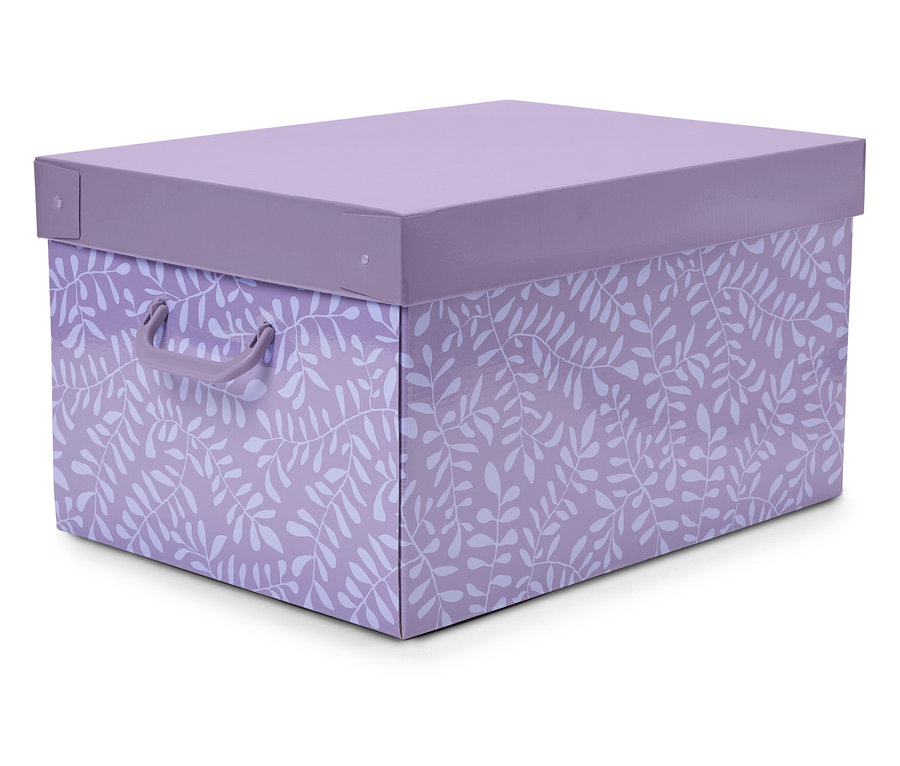Fialová krabice s víkem a s bílým rostlinným vzorem.