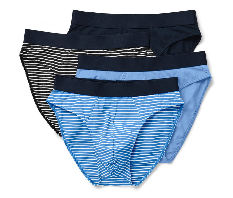 Čtyři kusy slipů: jedny modré s bílými proužky, jedny černé s bílými proužky, jedny světle modré a jedny tmavě modré.