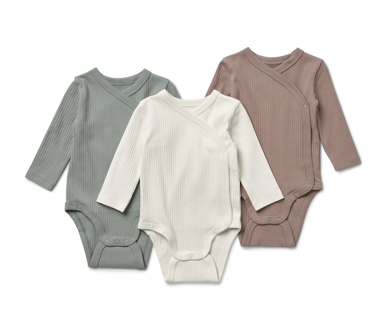 Tři žebrované body s dlouhým rukávem pro miminka v zelené, bílé a hnědé barvě.