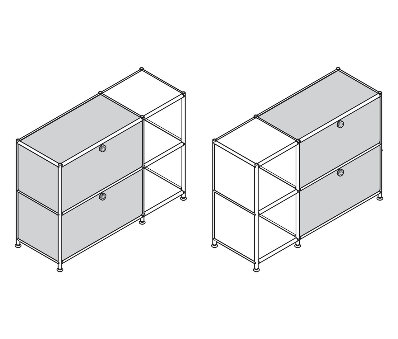 Dvě kovové odkládací skříňky »CN3« se 2 výklopnými dvířky, jedna šedá a jedna bílá.
