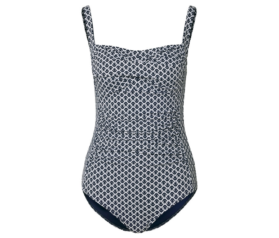 Celkový pohled na plavky s modro-bílým potiskem listů.