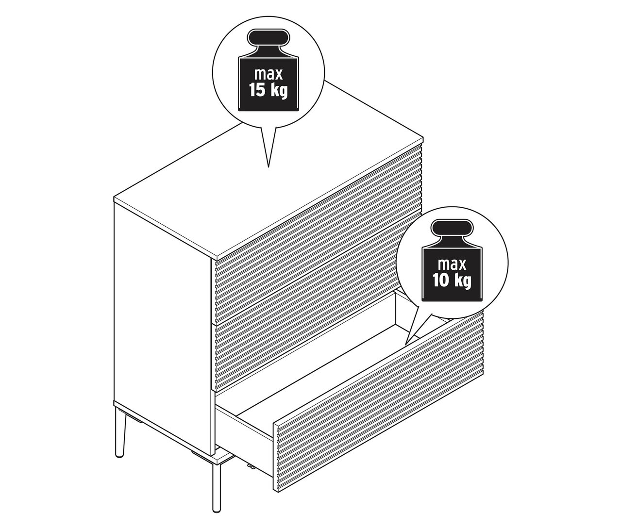 Nákres komody »REET« v lamelovém vzhledu s jednou otevřenou zásuvkou.
