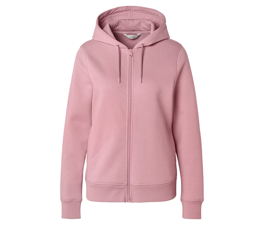 Růžová mikina s kapucí se zipem po celé délce a stahovací šňůrkou na kapuci.