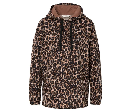 Leopardí mikina s kapucí a stahovací šňůrkou.