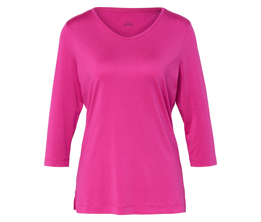 Růžové tričko s dlouhým rukávem a výstřihem do V leží na rovném povrchu.