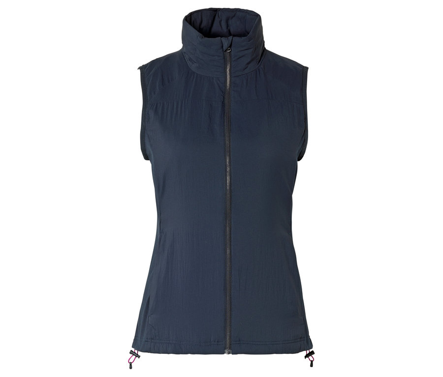 Tmavě modrá prošívaná vesta bez rukávů s celopropínacím zipem a vysokým límcem.