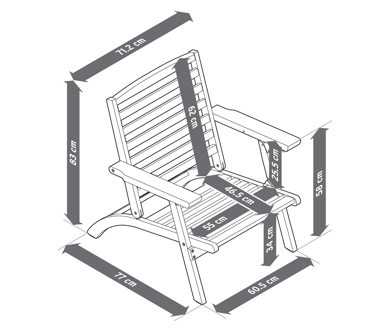 Pohled shora na zahradní židli s rozměry šířky a výšky v centimetrech.