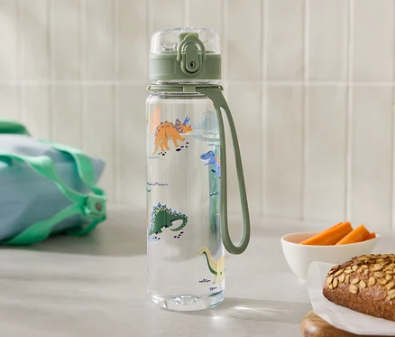 Průhledná láhev na vodu s dinosauřím motivem stojí vedle chleba a misky s mrkví.