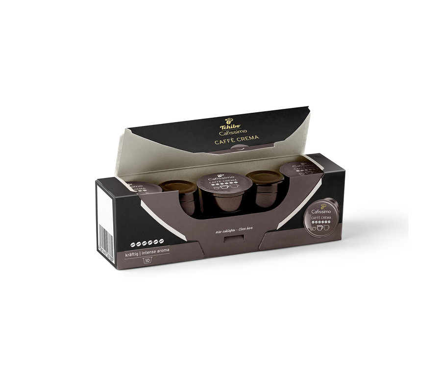 Otevřené balení Tchibo Cafissimo Caffè Crema silná - 10 kapslí se třemi tmavě hnědými kapslemi.