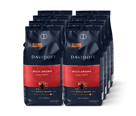 Osm balení zrnkové kávy DAVIDOFF CAFÉ Rich Aroma po 1000 g.