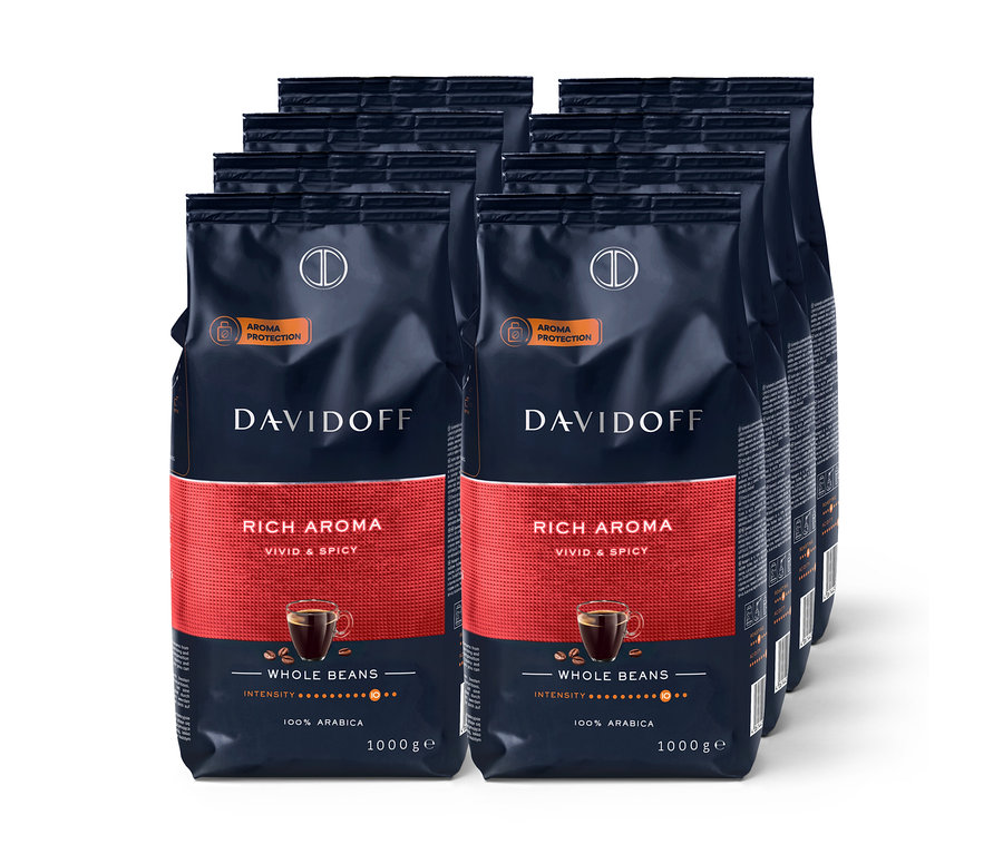 Osm balení zrnkové kávy DAVIDOFF CAFÉ Rich Aroma po 1000 g.