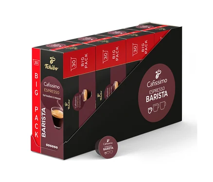 Balení kapslí Cafissimo Espresso Barista v černém držáku, s jednou kapslí vpředu.
