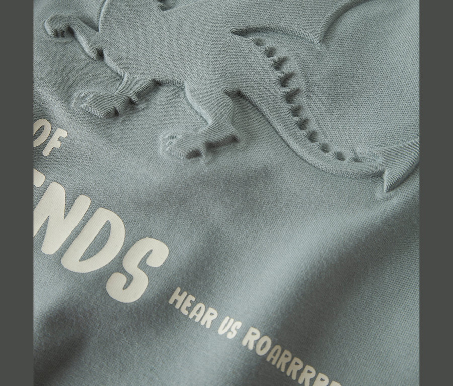 Detail světle modrozelené látky s reliéfním designem dinosaura a bílým textem 'OF NDS HEAR US ROARRRR'.