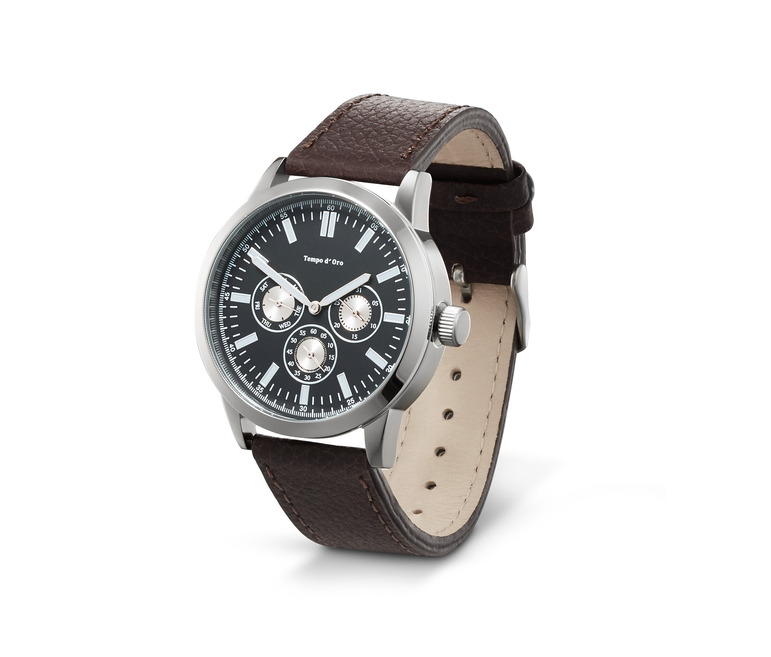 Detailní pohled na multifunkční pánské hodinky s hnědým koženým řemínkem.