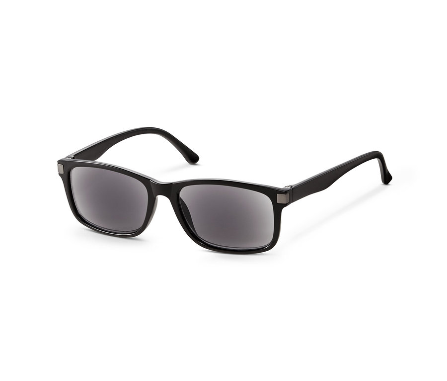 Detail of black, square, tinted reading glasses.