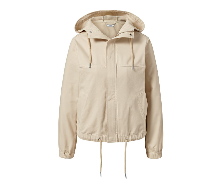 Béžová tkaná bunda s kapucí.