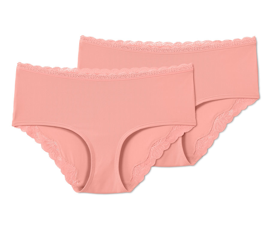 Dvoje meruňkové kalhotky s krajkou.