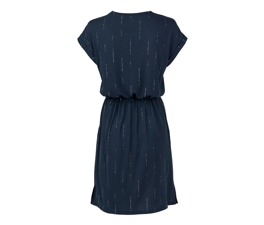 Tmavě modré outdoorové šaty s krátkými rukávy a bílým vzorem.