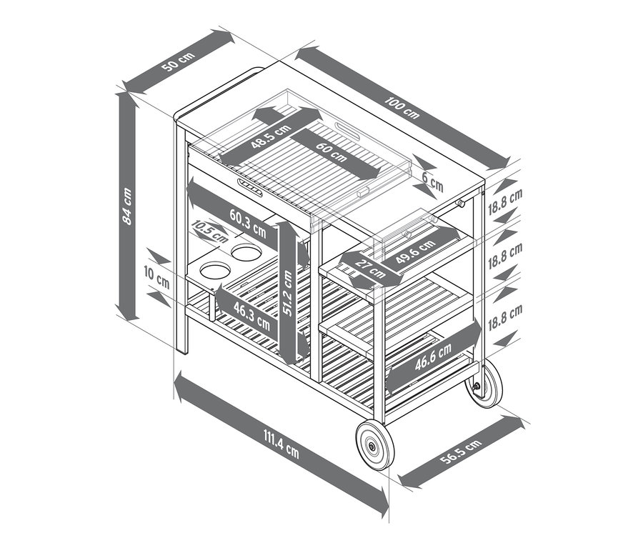 Rozměry grilovacího vozíku »Elin« se zásuvkou a betonovou pracovní plochou.