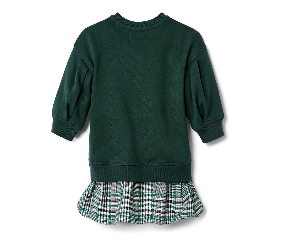 Zezadu zelené šaty s kostkovanou sukní.