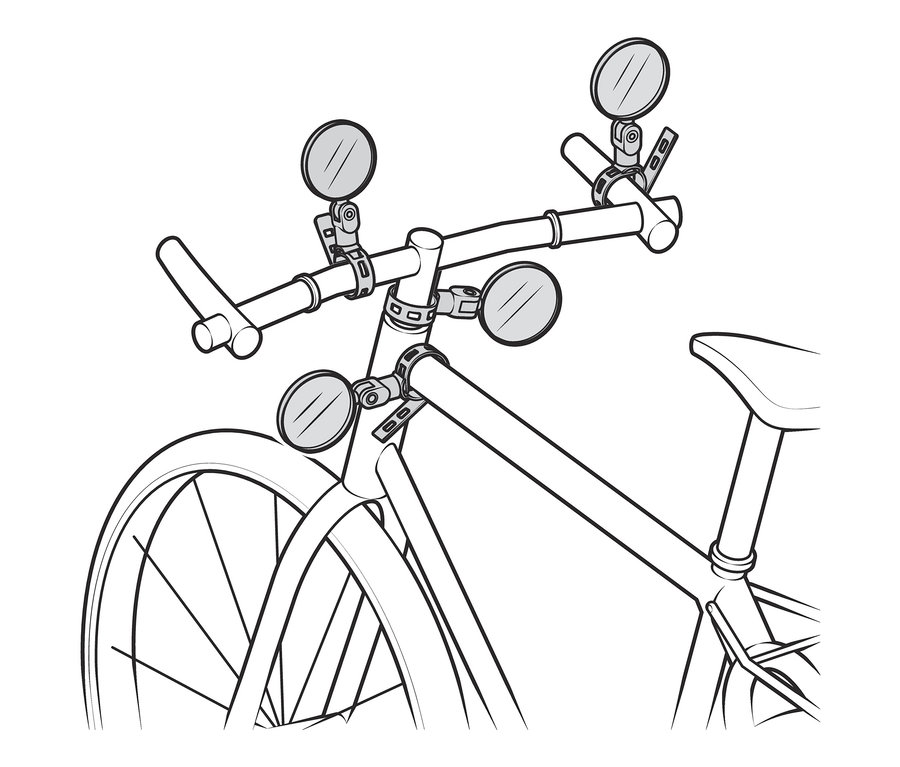 Nákres jízdního kola s pěti zrcátky na řídítkách.