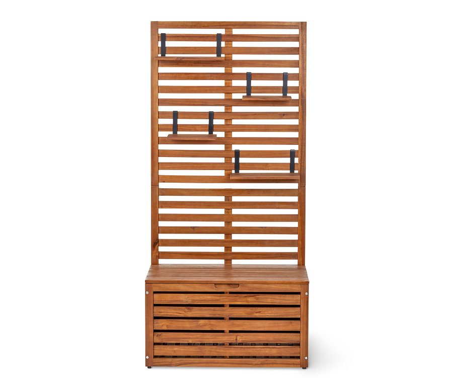 Lavice na balkón se zástěnou a úložným prostorem z akáciového dřeva.