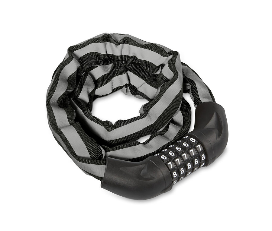 Stočený řetězový zámek s číselným kódem.