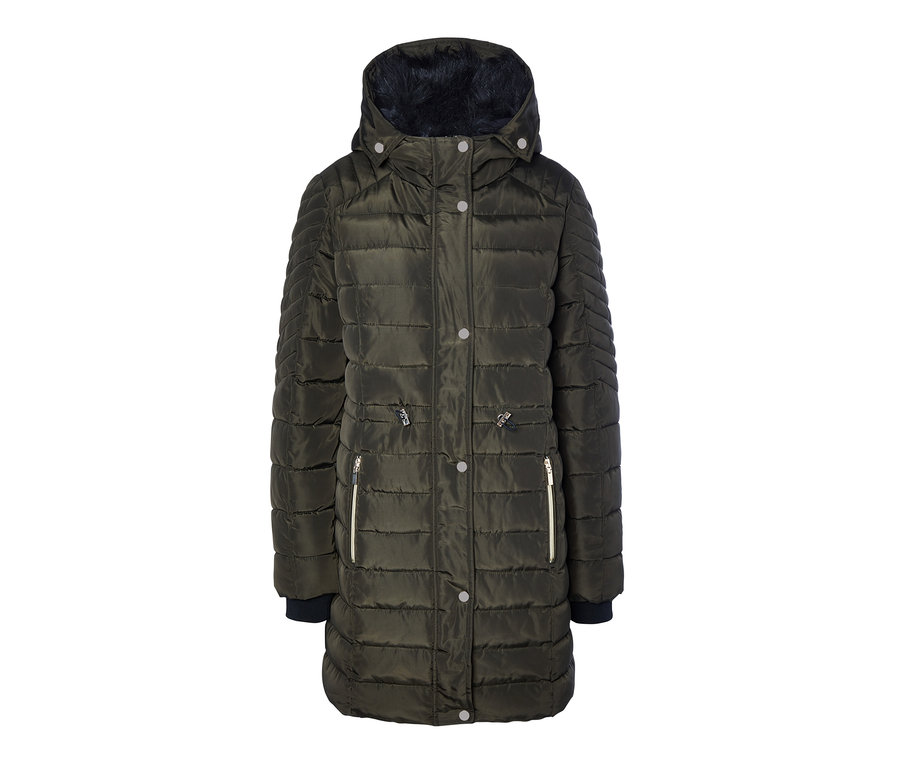 Prošívaný kabát s kapucí olivové barvy s podšívkou z umělé kožešiny.