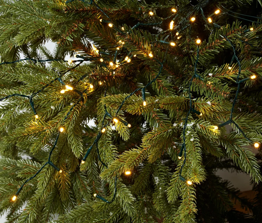Detail jehličnatého stromu, na kterém je ovinutý světelný řetěz s LED ve tvaru popínavé rostliny.