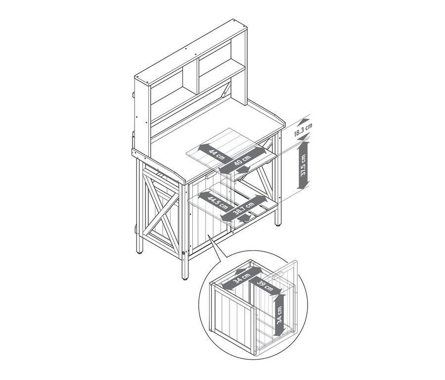 Nákres zahradního stolu »Jonte« s nádobou na odpad a policí a vyznačenými rozměry.