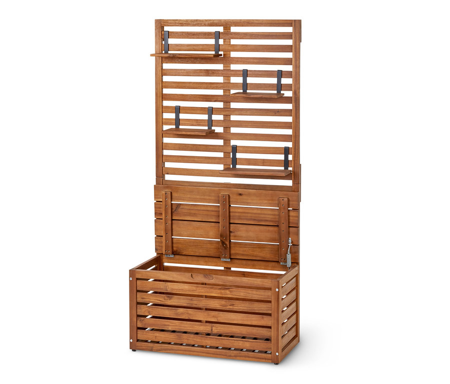 Otevřená lavice na balkón se zástenou proti zvědavým pohledům a úložným prostorem z hnědého dřeva.