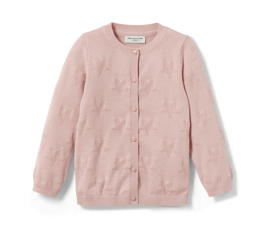 Růžový dětský pletený kabátek s hvězdami.