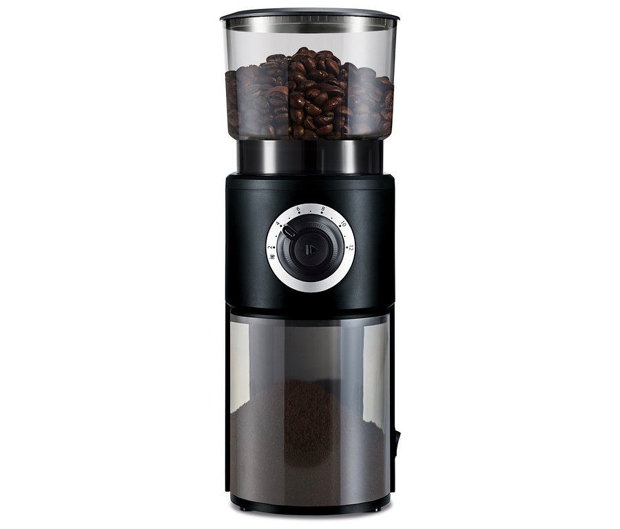 Elektrický mlýnek na kávu s kávovými zrny nahoře a mletou kávou dole.