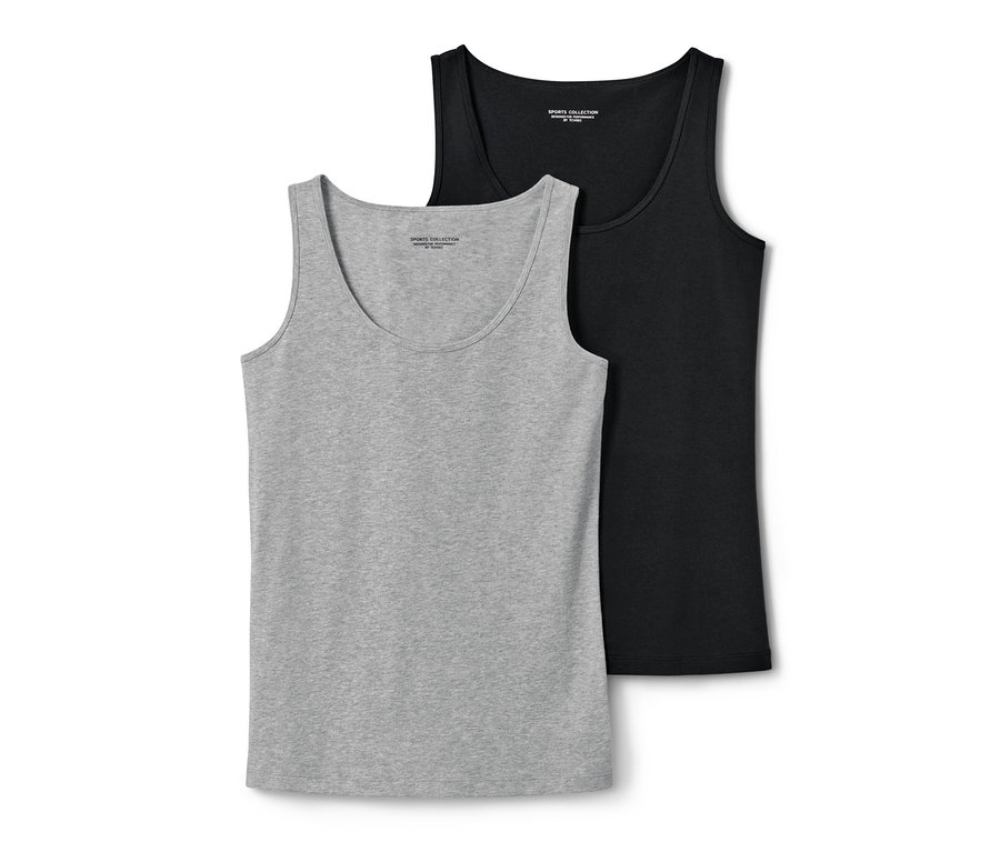 Dvě tílka: černé a šedé melírované.