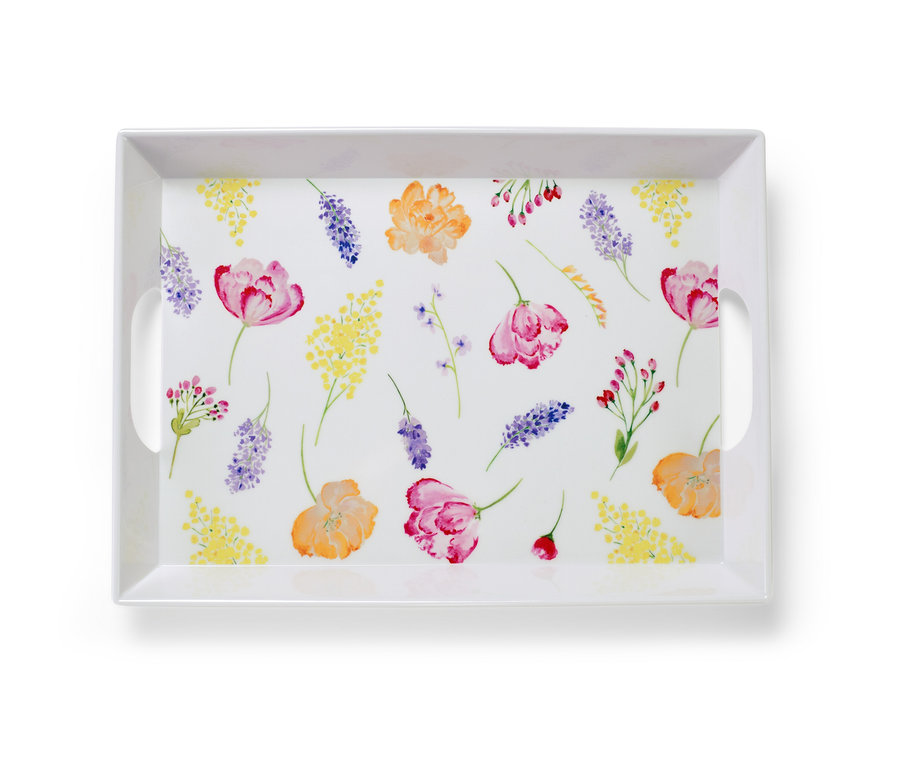 Obdélníkový podnos s květinovým vzorem a úchyty.