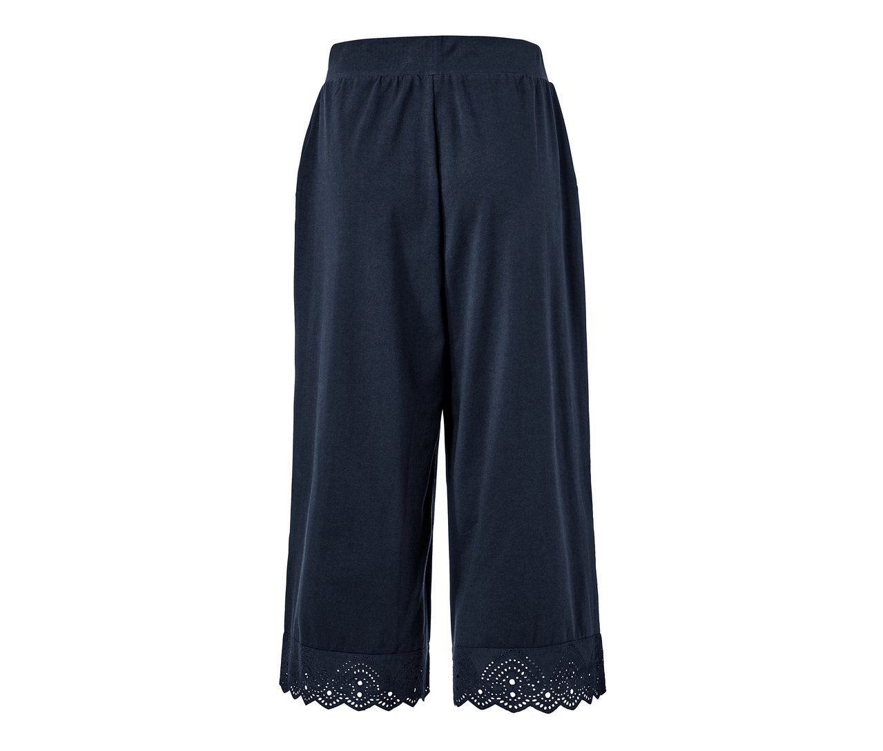 Tmavě modré culottes kalhoty s výšivkou na lemu.