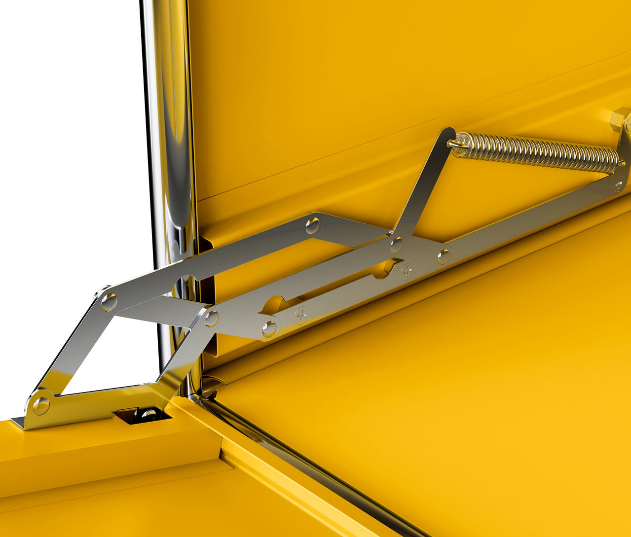 Detail otevřené žluté kovové odkládací skříňky »CN3« s jedněmi výklopnými dvířky.