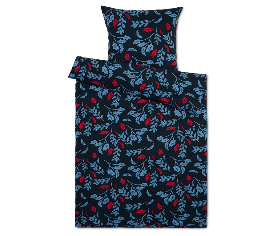 Povlečení s modrými a červenými listy na tmavě modrém pozadí.