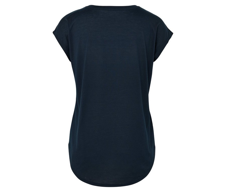 Pohled zezadu na tmavě modré tričko s krátkým rukávem.