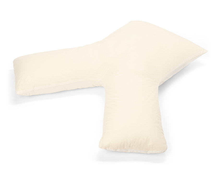 Krémový polštář ve tvaru písmene Y na bílém pozadí.