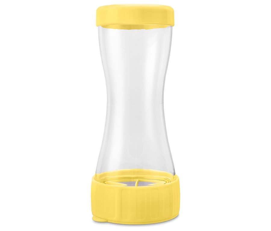 Prázdná přesýpací nádoba se žlutým víčkem a základnou.